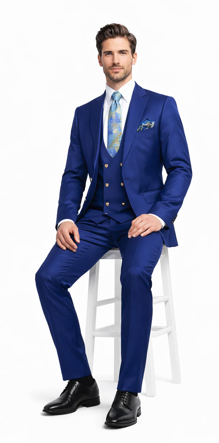 Rossiman Men’s Royal Blue Slim Fit Suit | Sophisticated Double-Breasted Design – Italian Tailored 3-Piece Luxury Suit