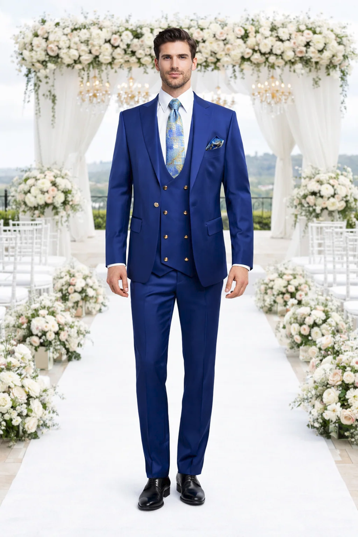 Rossiman Men’s Royal Blue Slim Fit Suit | Sophisticated Double-Breasted Design – Italian Tailored 3-Piece Luxury Suit