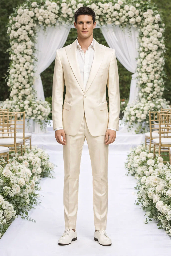 Rossiman Men’s Cream Sateen Suit - Glossy Formalwear