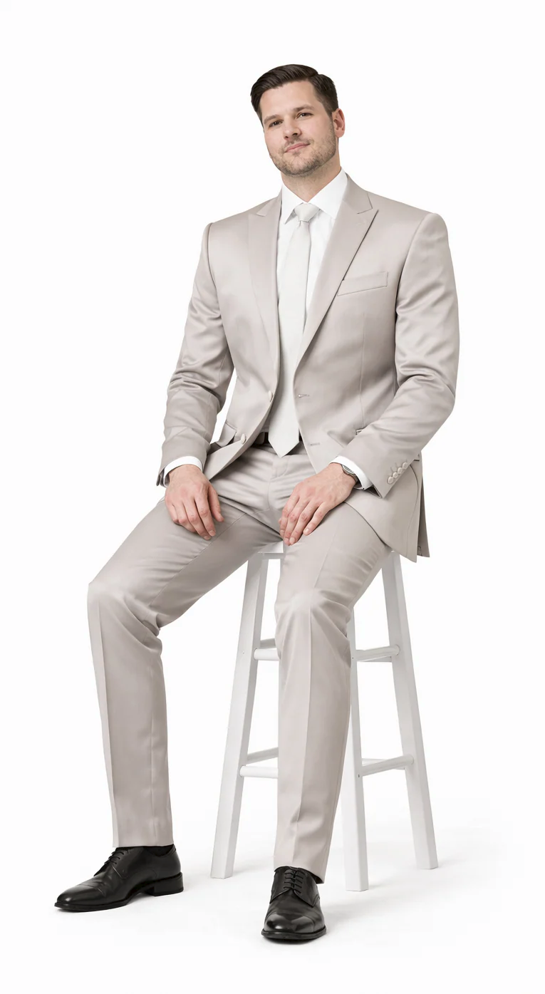 Rossiman Men’s Gray Shiny Sateen Suit | Sleek & Modern Formalwear – Italian Tailored Double-Breasted Luxury Suit