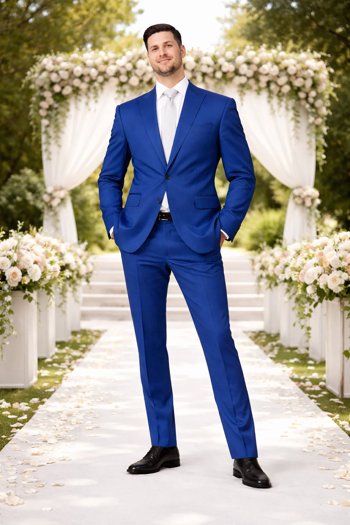 Rossiman Royal Blue Sateen Suit: Bold & Refined