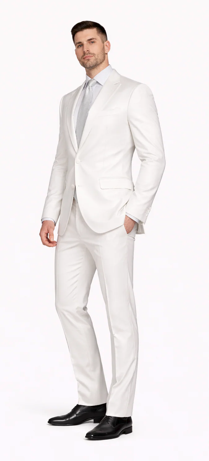 Rossiman White Sateen Suit-Shiny Finish, Sleek Cut
