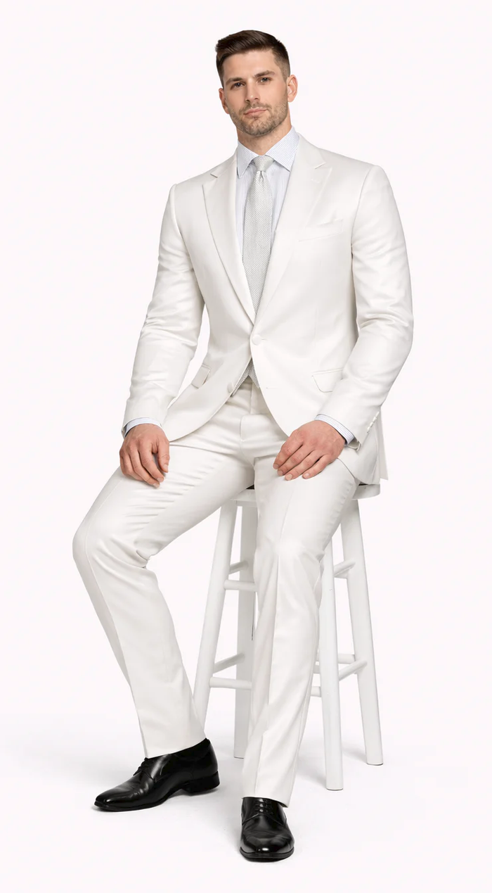 Rossiman White Sateen Suit for Men | High-Shine Formal Elegance – Italian Tailored Luxury Double-Breasted Suit