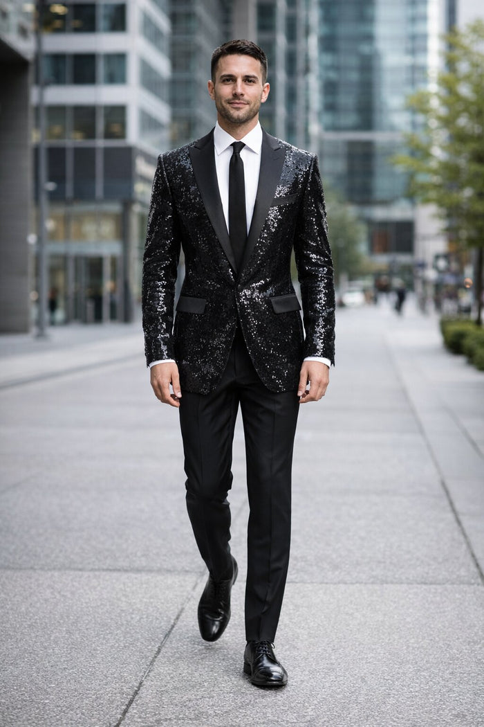 Black Sequin Tuxedo Blazer by Rossiman