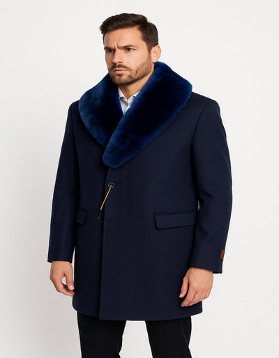 Navy Wool Overcoat with Royal Blue Fur Collar