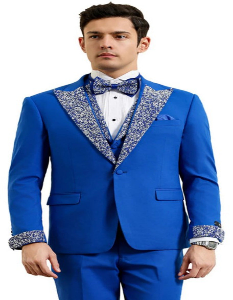 Royal Blue Rhinestone Lapel Tuxedo Suit