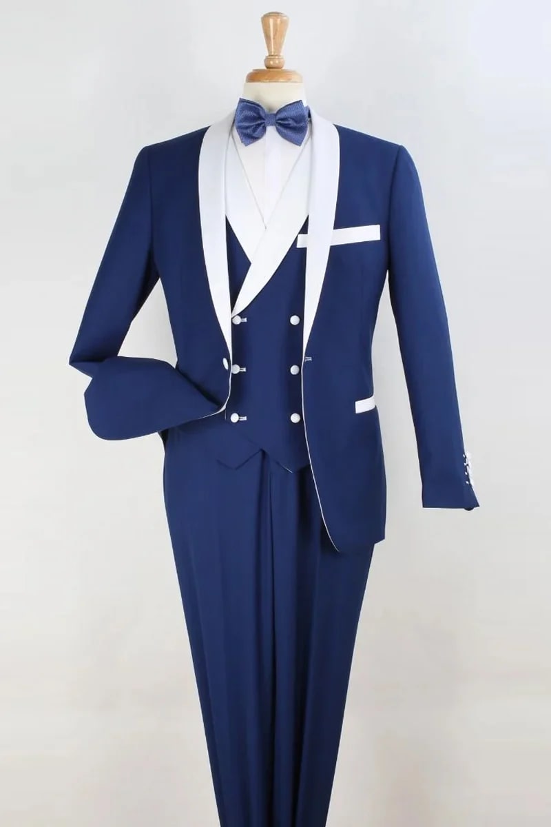 Royal Blue Shawl Collar Tuxedo Vested Suit