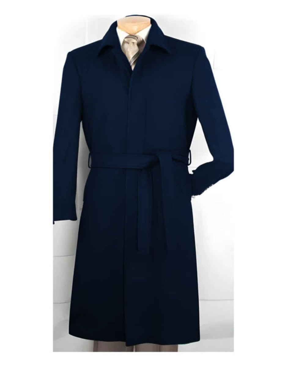 Navy Wool Gabardine Belted Duster Overcoat