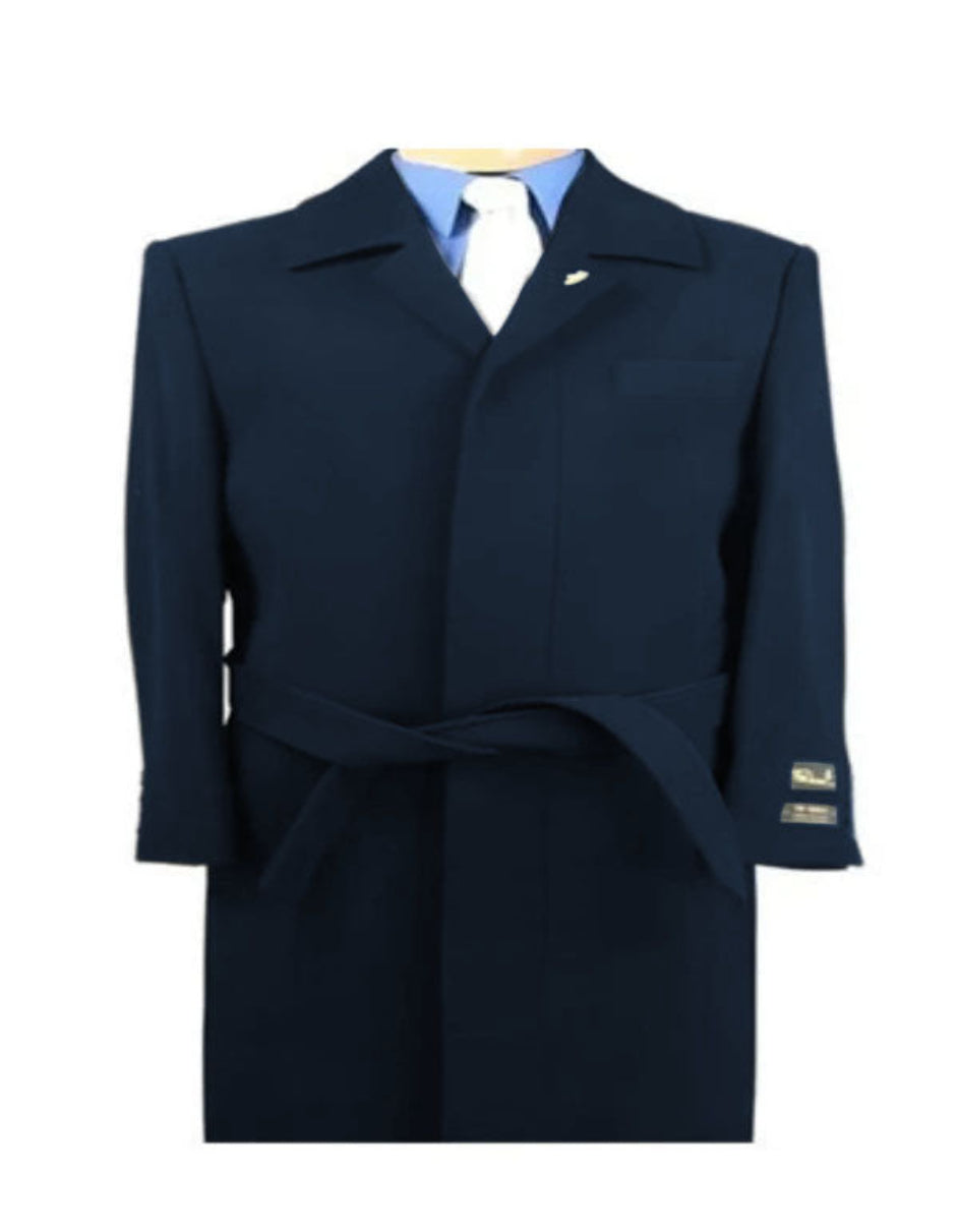 Navy Wool Gabardine Belted Duster Overcoat