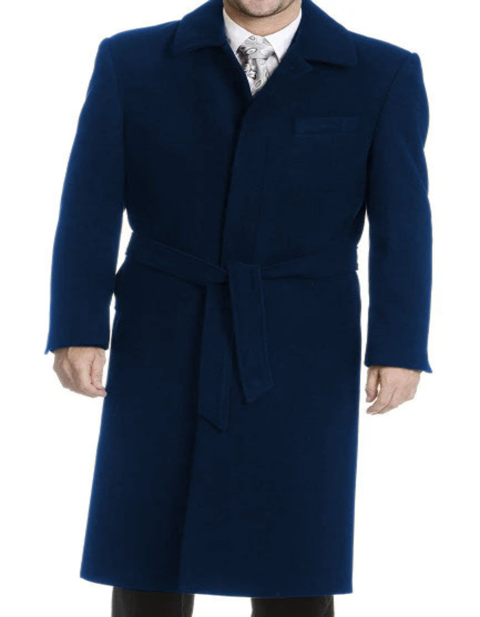 Navy Wool Gabardine Belted Duster Overcoat
