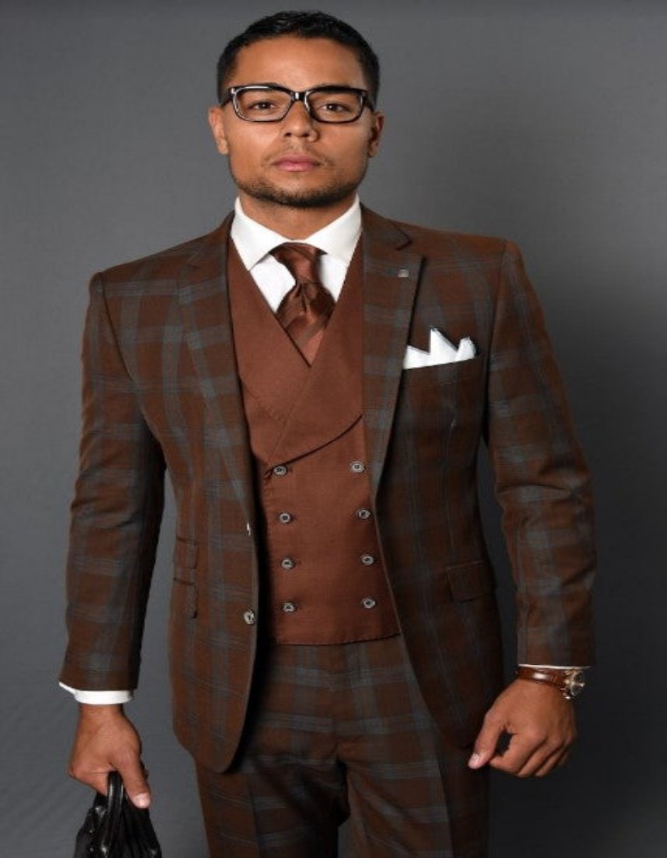Modern Copper Rust Plaid Wool Suit