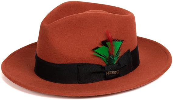 Gangster 100% Australian Wool Crushable Mens Fedora Hat - Removable Feather Gangster  Rust Mens Fedora Hat