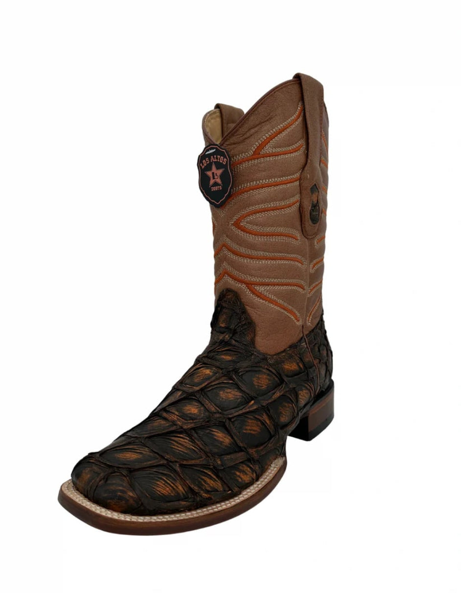 Rustic Cognac Pirarucu Square Toe Boot by Los Altos