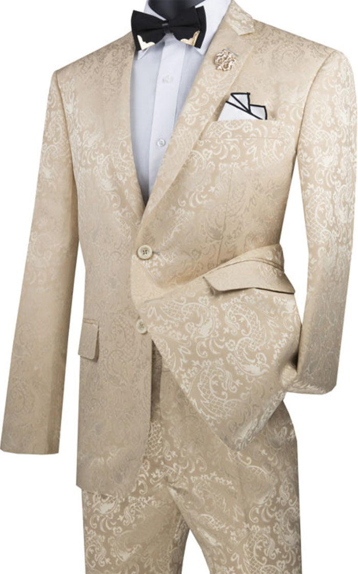 Paisley Slim Fit Beige Suit, 2 Piece