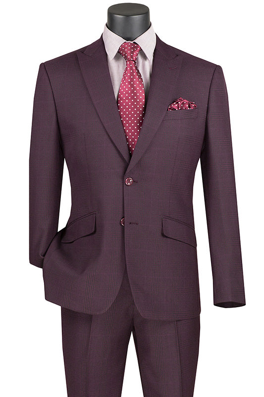 Slim Fit 2 Piece Suit Burgundy Glen Plaid Pattern Matching Pants