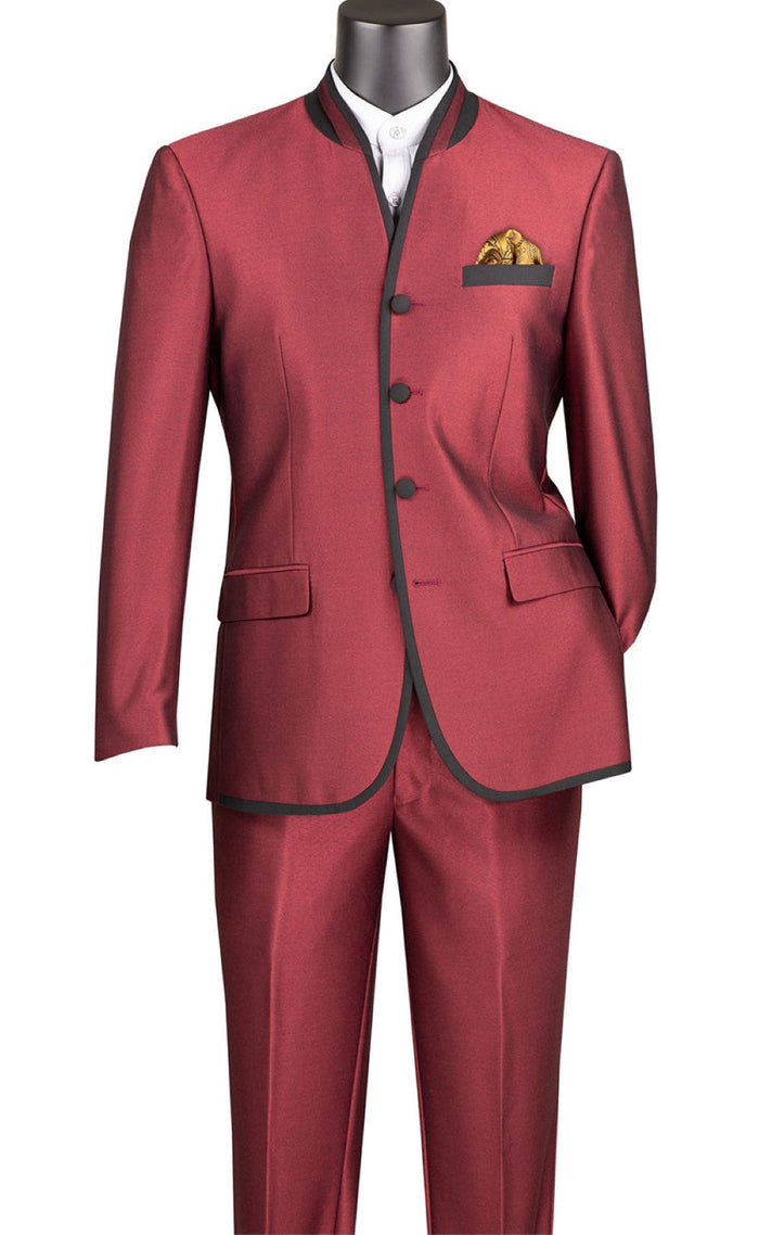 Banded Collar Slim Fit Sharkskin Suit Wine