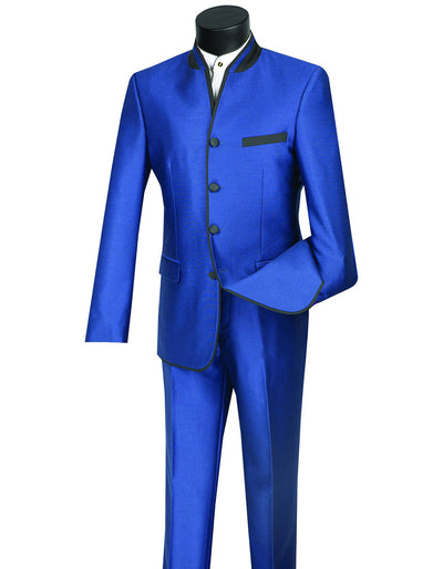 Mandarin-Collar Royal Blue Tuxedo with Black Accents