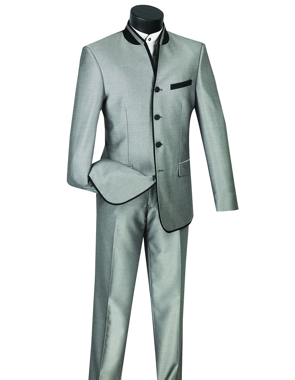 Mandarin 4-Button Sharkskin Tuxedo with Black Trim