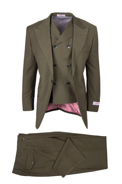 Tiglio Rosso Suit  - Classic Fit Athletic Cut 100% Wool Super 150s Italian Fabric Peak Lapel in Color Olive
