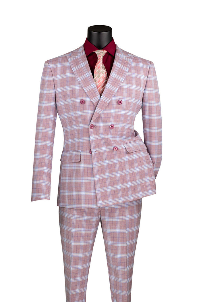 Slim Double Breasted Windowpane Suit - Adobe Rose