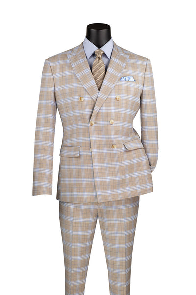 Slim Fit Double Breasted Windowpane Suit Tan