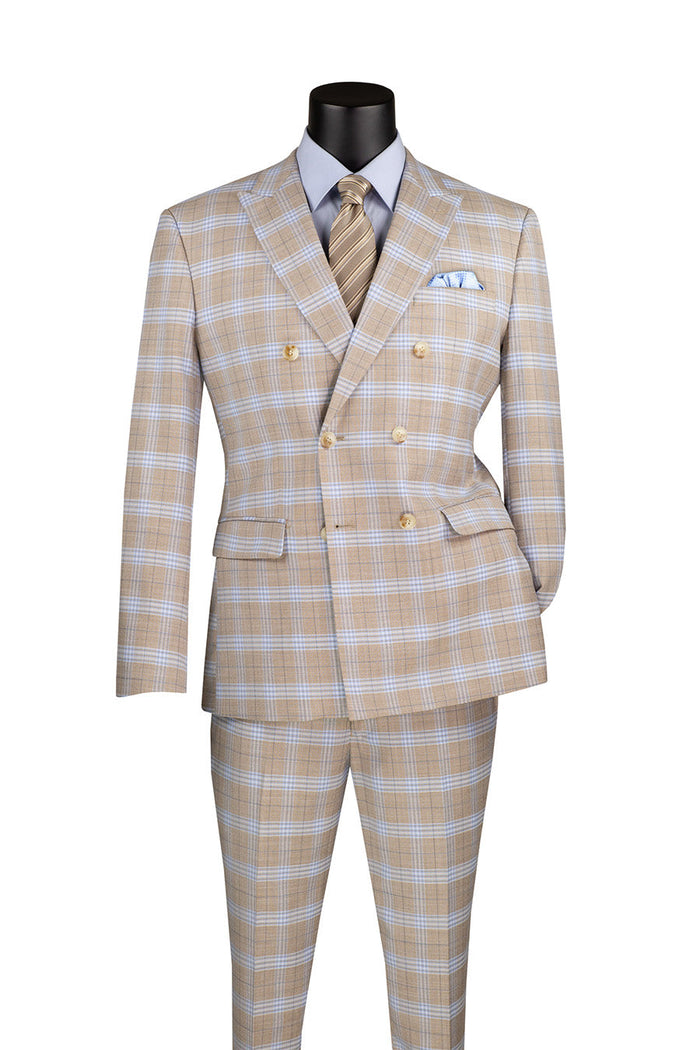 Slim Fit Double Breasted Windowpane Suit Tan