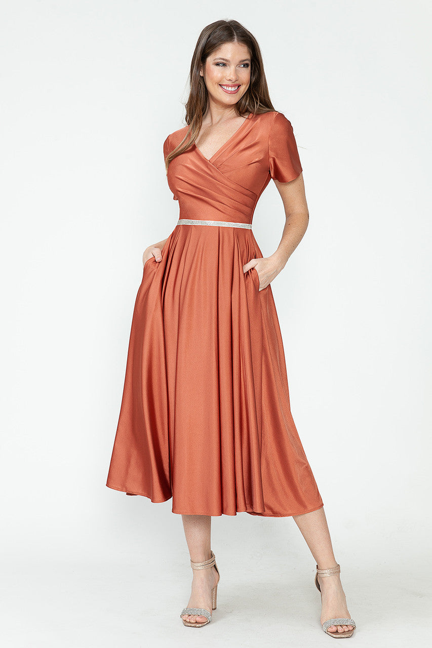 Lenovia 5274 V-Neck Short Sleeve Midi Cocktail Dress with Rhinestone Waist Formal & Wedding Guest Attire