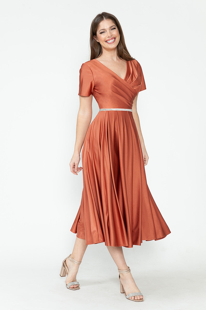 Lenovia 5274 V-Neck Short Sleeve Midi Cocktail Dress with Rhinestone Waist Formal & Wedding Guest Attire