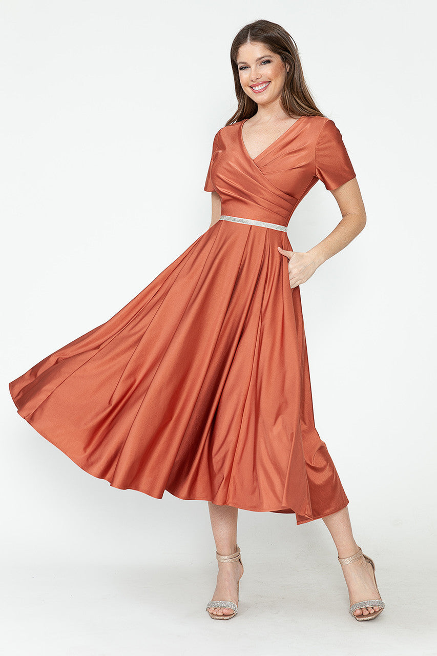 Lenovia 5274 V-Neck Short Sleeve Midi Cocktail Dress with Rhinestone Waist Formal & Wedding Guest Attire
