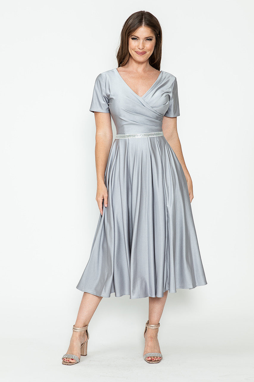 Lenovia 5274 V-Neck Short Sleeve Midi Cocktail Dress with Rhinestone Waist Formal & Wedding Guest Attire