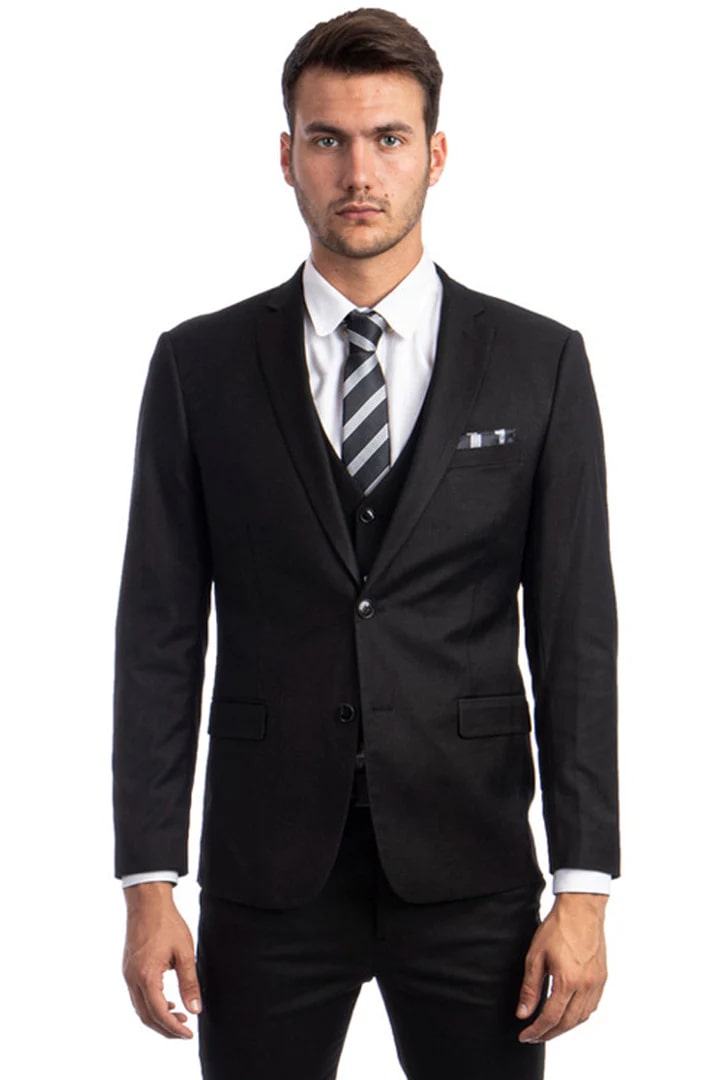 Men's Slim Fit Black Vested Suit