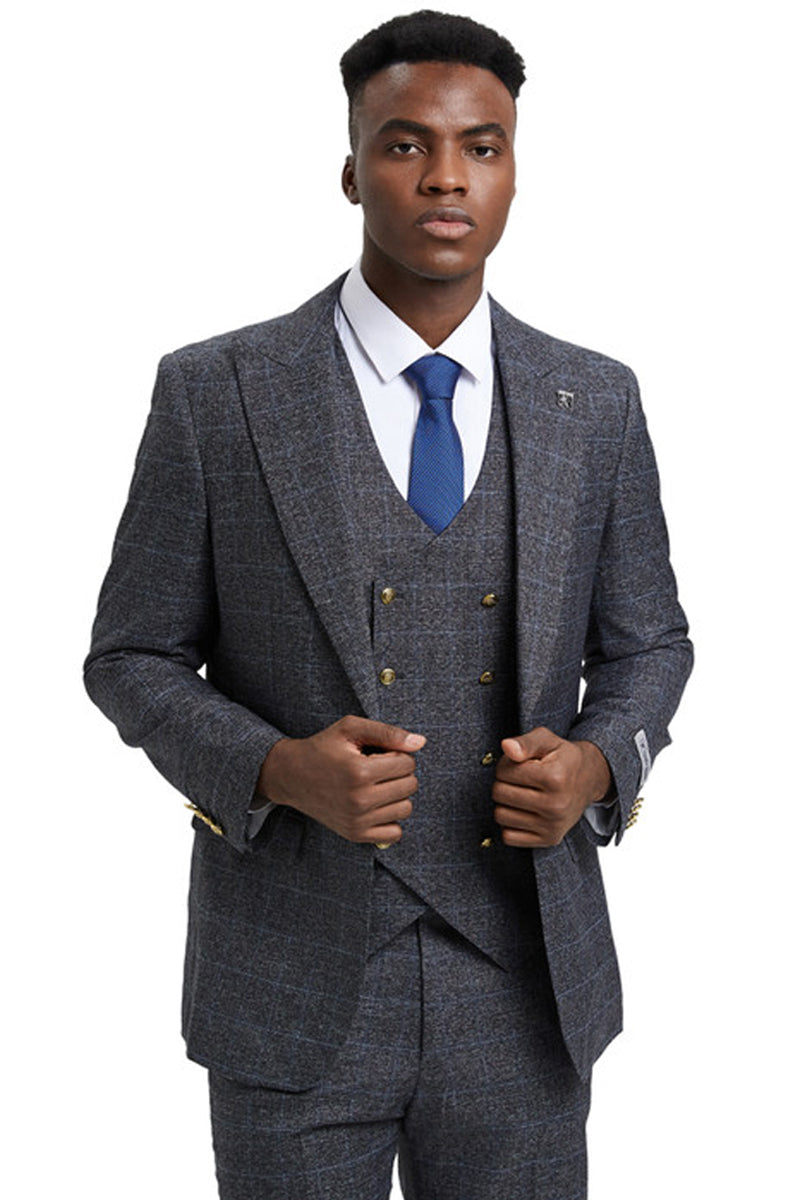 Stacy Adams Charcoal Grey Plaid Vested Suit