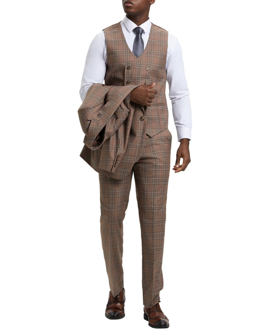Stacy Adams Brown Plaid Peak Lapel 3 Piece Suit