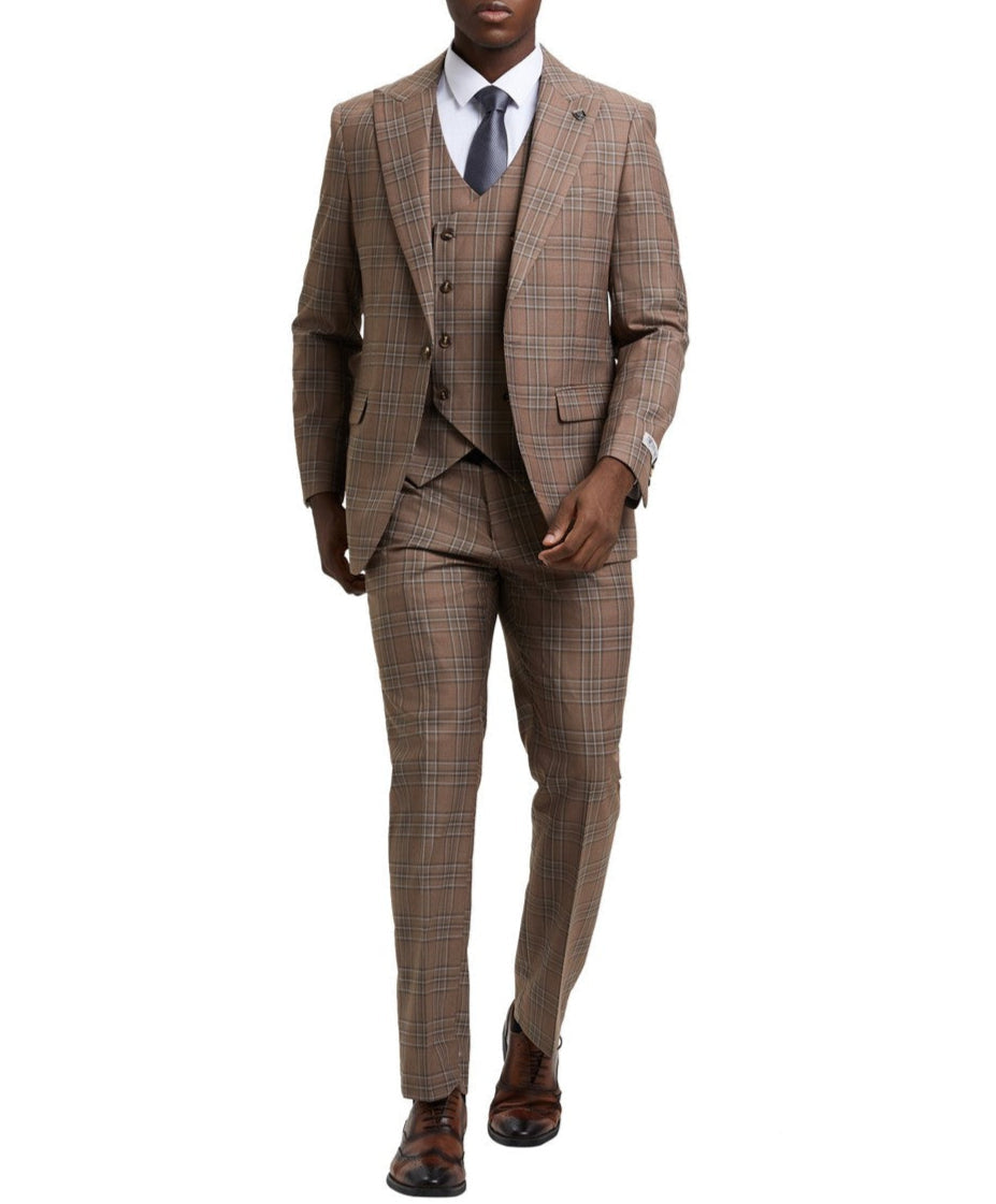 Stacy Adams Brown Plaid Peak Lapel 3 Piece Suit
