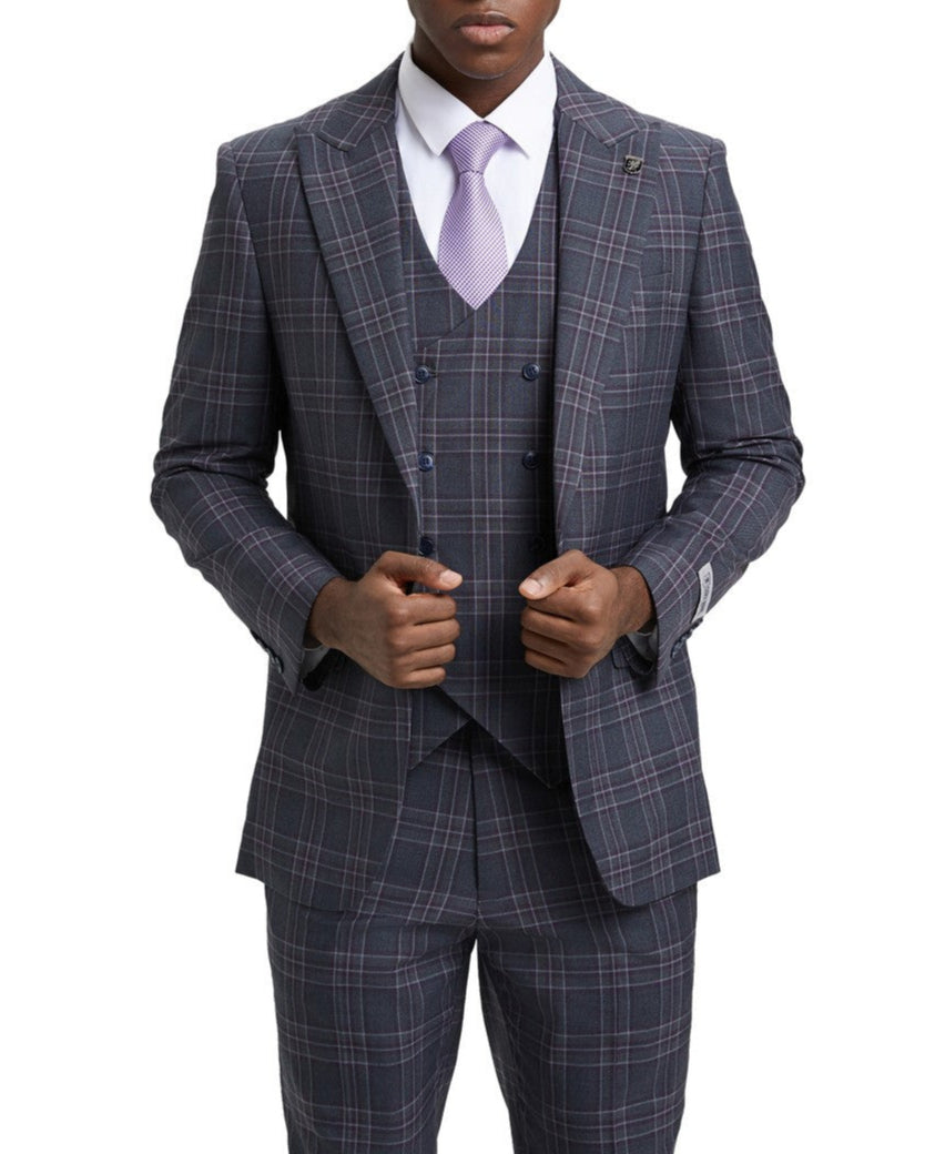 Stacy Adams Grey Plaid Peak Lapel Suit 3 Piece
