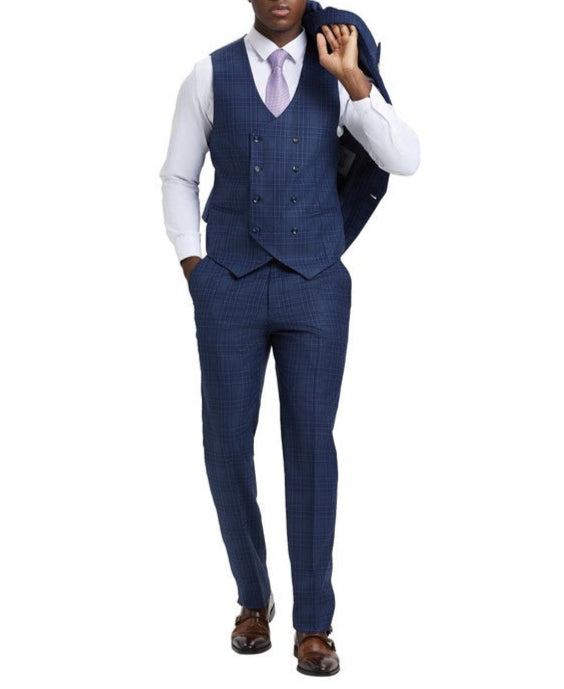 Blue Plaid Peak Lapel 3 Piece Suit by Stacy Adams