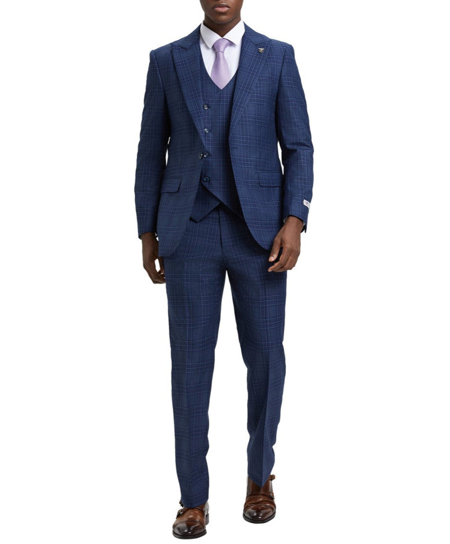Blue Plaid Peak Lapel 3 Piece Suit by Stacy Adams