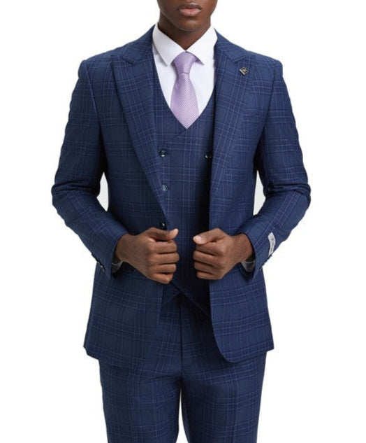 Blue Plaid Peak Lapel 3 Piece Suit by Stacy Adams