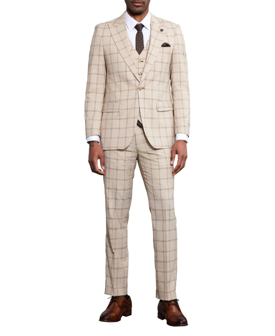 3 Piece Windowpane Suit Hybrid Fit by Stacy Adams