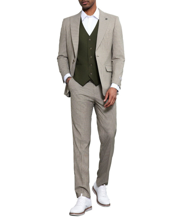 Stacy Adams Glen Plaid Beige 3 Piece Suit