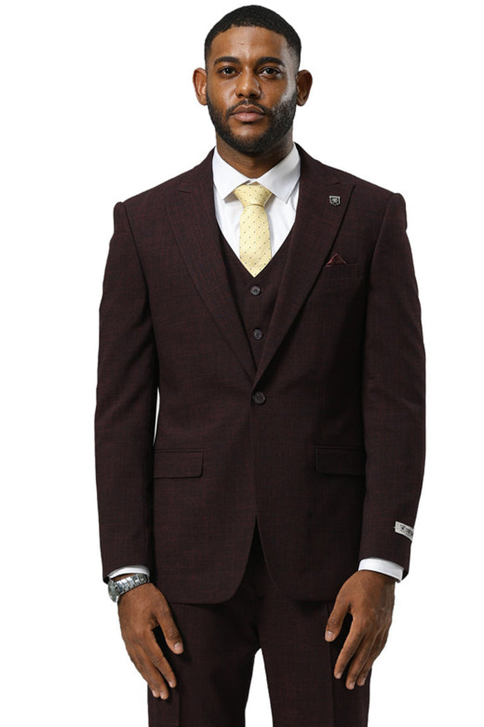 Men's Stacy Adams One Button Peak Lapel Vested Sharkskin Suit in Burgundy