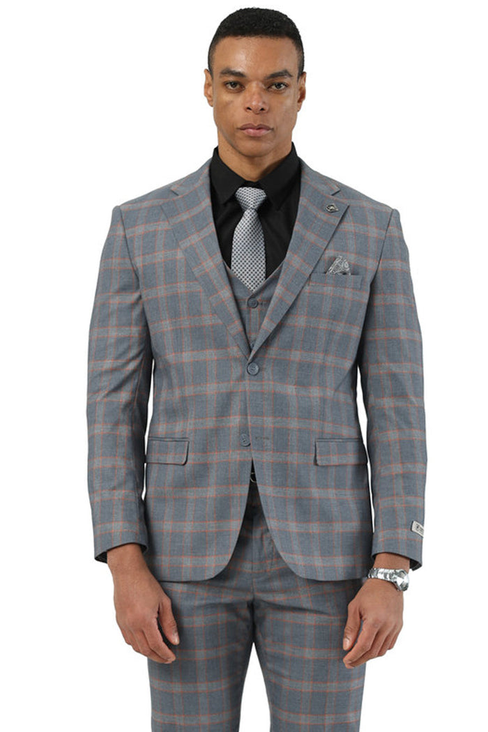 Stacy Adams Vested Glen Plaid Suit - Grey & Orange
