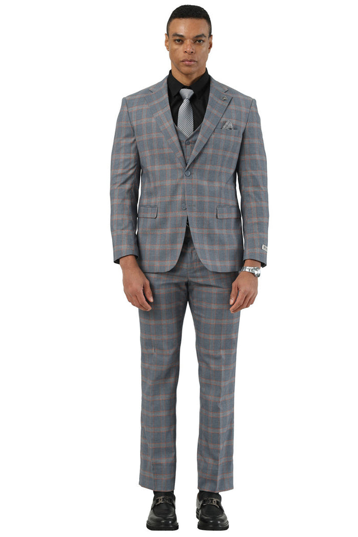 Stacy Adams Vested Glen Plaid Suit - Grey & Orange