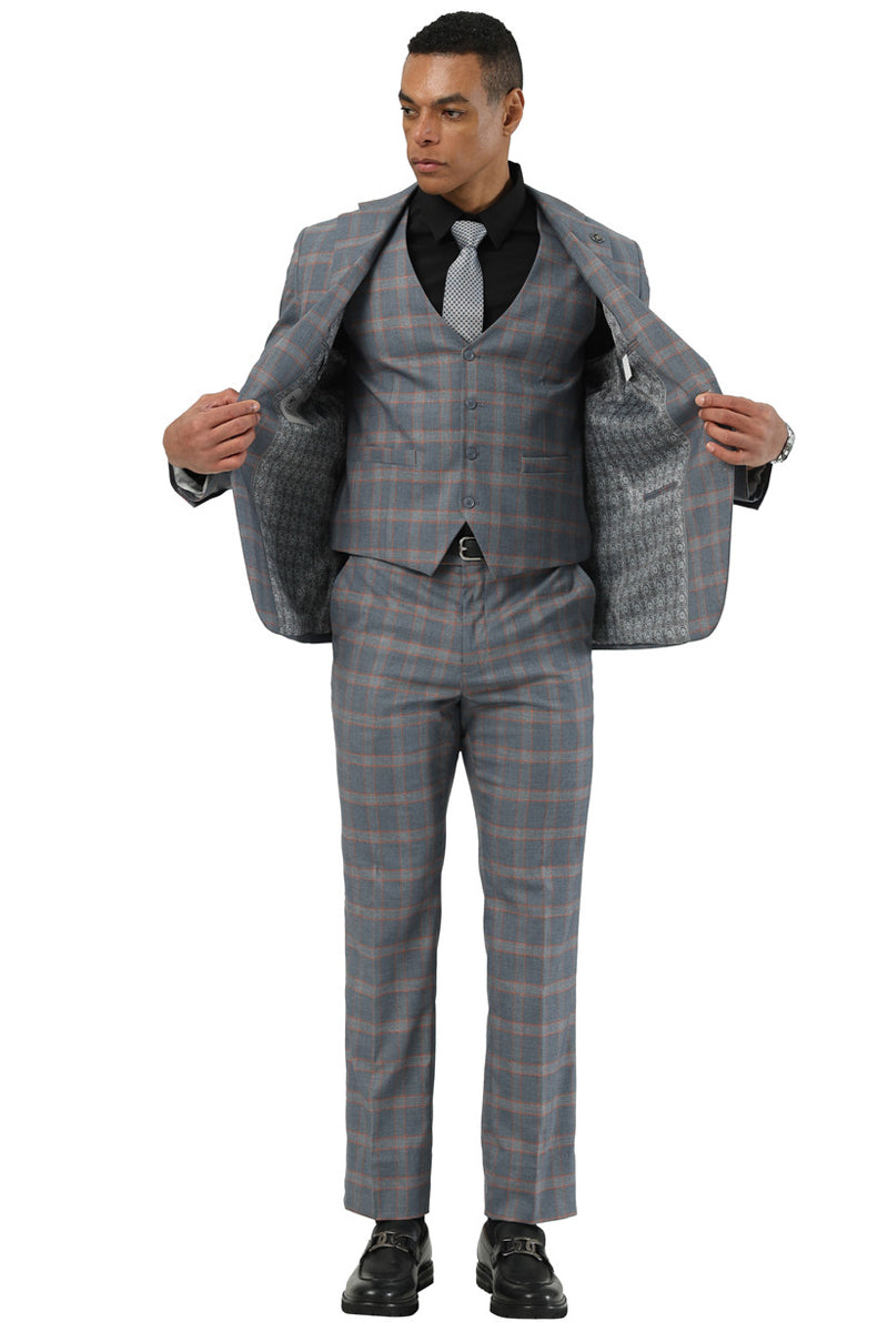 Stacy Adams Vested Glen Plaid Suit - Grey & Orange