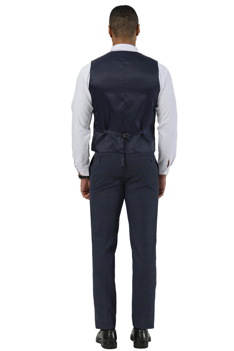 Men's Stacy Adams Two Button Peak Lapel Suit with Scoop Vest in Navy Glen Plaid