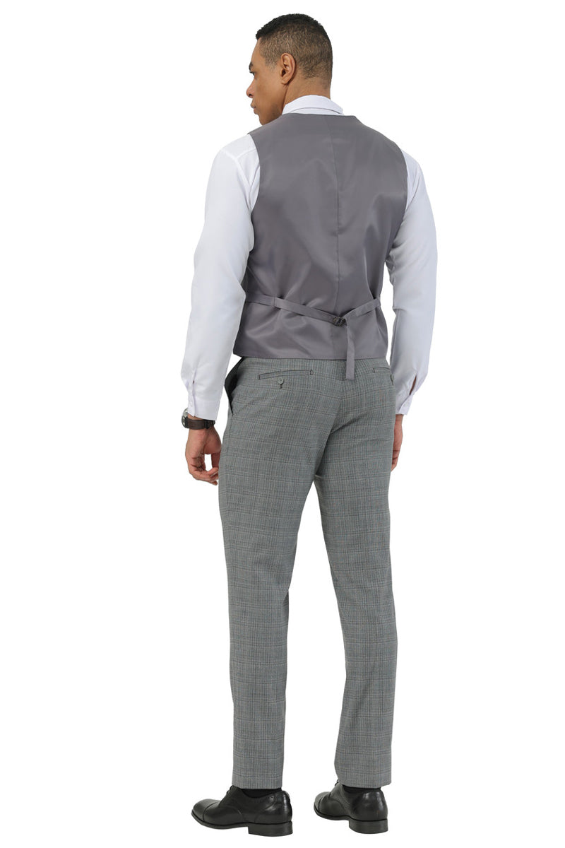 Men's Stacy Adams Two Button Peak Lapel Suit with Scoop Vest in Grey Glen Plaid