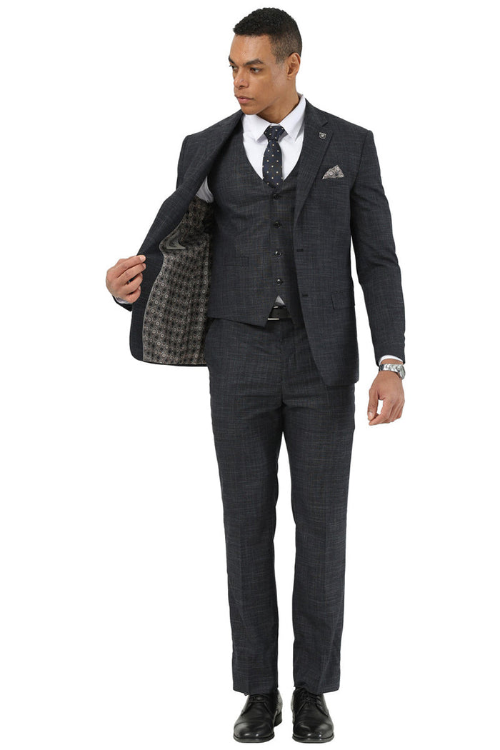 Stacy Adams Black Sharkskin Vested Suit for Men