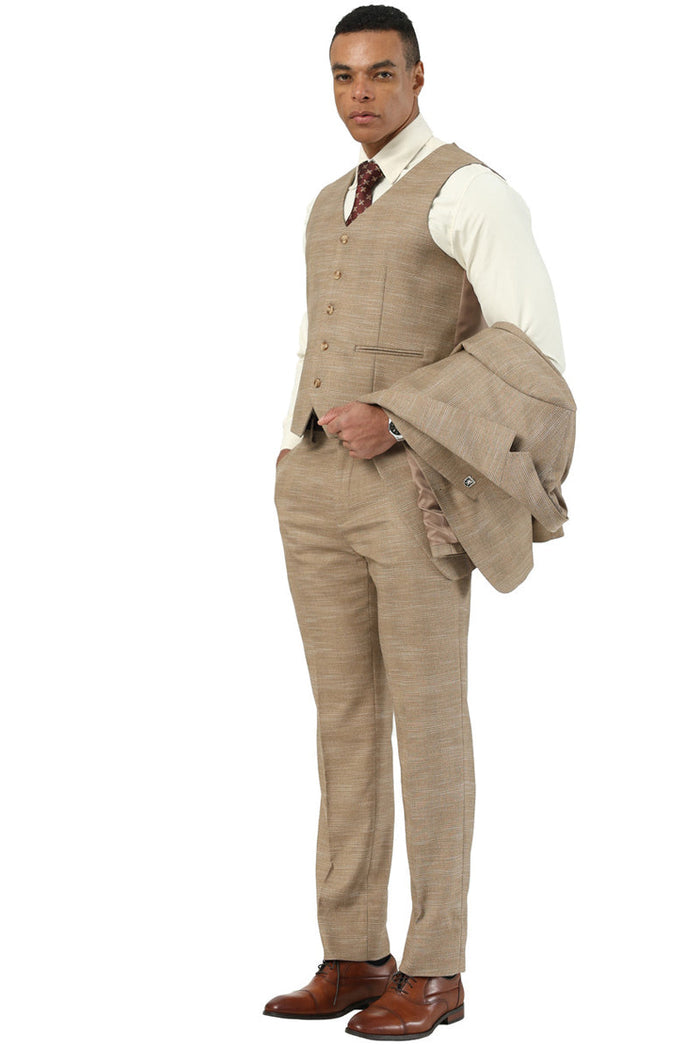 Stacy Adams Sharkskin Vested Suit - Tan