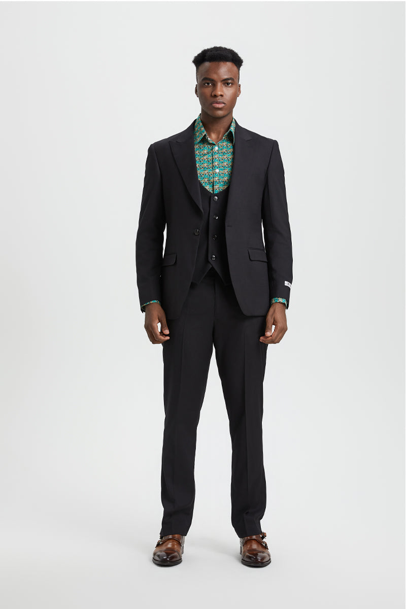 Stacy Adams Black Peak Lapel Vested Suit