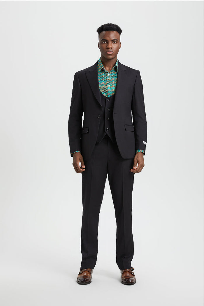 Stacy Adams Black Peak Lapel Vested Suit